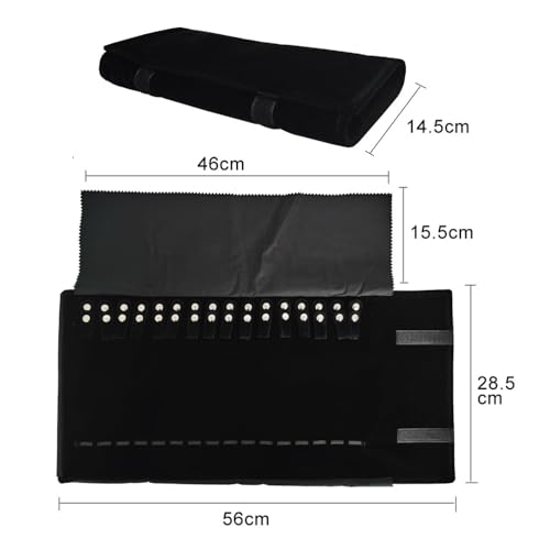 Travel Necklace Organizer, Portable Velvet Jewelry Case,16 Slots | Removable Snap, Foldable, Chains Bracelets Storage Jewelry Roll Bag, Space-Saving,Gift for Women Girls BFF,Black with elastic