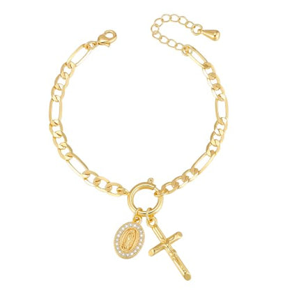 XUANPAI Virgin Mary Cross Bracelet for Women,14K Gold Plated Chain Bracelet,Virgen de Guadalupe Catholic Link Bracelet with Crucifix Charm, No Tarnish Religious Jewelry Gift for Baptism Confirmation - color: Gold-Figaro Chain