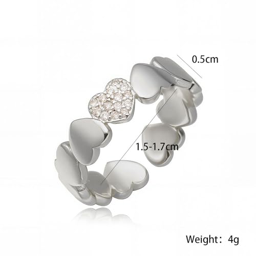 Dainty Gold Heart Rings for Women Cute Silver Love Statement Open Ring Trendy Inlaid Crystal Adjustable Rings Charm Daily Ring Valentines Day Gifts for Her - color: Silver