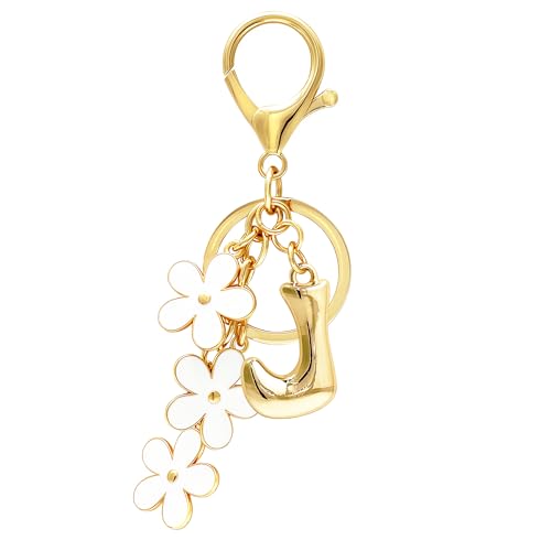 Floral Series Initial Bag Charm, Cute Flower & Bubble Letter Purse Charms, Keychain Accessories Gift for Women - color: White Flower, style: J