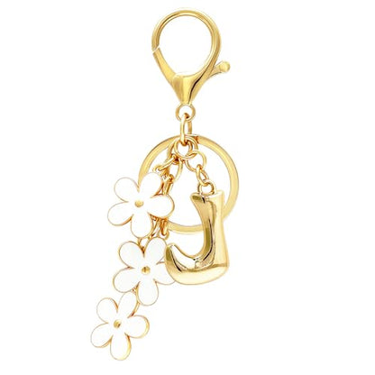 Floral Series Initial Bag Charm, Cute Flower & Bubble Letter Purse Charms, Keychain Accessories Gift for Women - color: White Flower, style: J