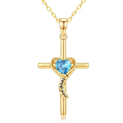 14K Gold Cross Necklace for Women Dainty Birthstone Pendant | Heart I Love You Romantic Jewelry Anniversary Christian Religious Baptism Birthday Gifts with 18"+2" Adjustable Chain - color: 14K Gold-12-Dec Birthstone