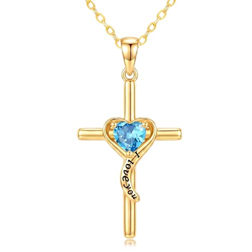 14K Gold Cross Necklace for Women Dainty Birthstone Pendant | Heart I Love You Romantic Jewelry Anniversary Christian Religious Baptism Birthday Gifts with 18"+2" Adjustable Chain - color: 14K Gold-12-Dec Birthstone