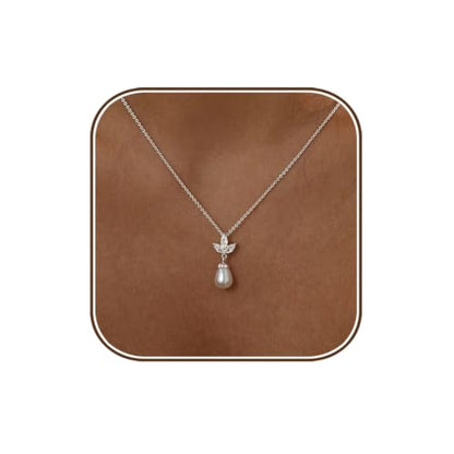 Pearl Necklaces for Women,Dainty Gold Pendant Necklaces Waterproof Jewelry | 14K Gold Plated Pearl Necklaces,Dainty Elegant Wedding Necklace,Small Cute Adjustable Minimalist Necklace,Non Tarnish Jewelry - color: SILVER-2