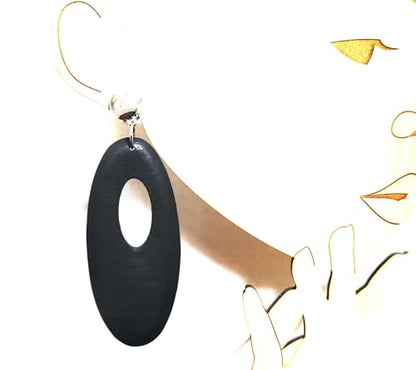 Clip-on Earrings Wood Earring Oval Hoop Brown or Black Earrings Silver Tone Clip - color: Black