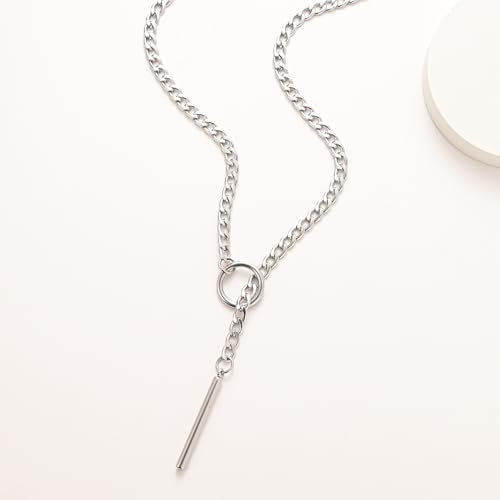 Slip Chain Necklace for Women Gothic Stainless Steel Bar Pendant Cuban Link Necklaces Adjustable Goth O Ring Long Necklaces Punk Rock Collar Choker Trendy Lariat Y Necklace - color: Silver