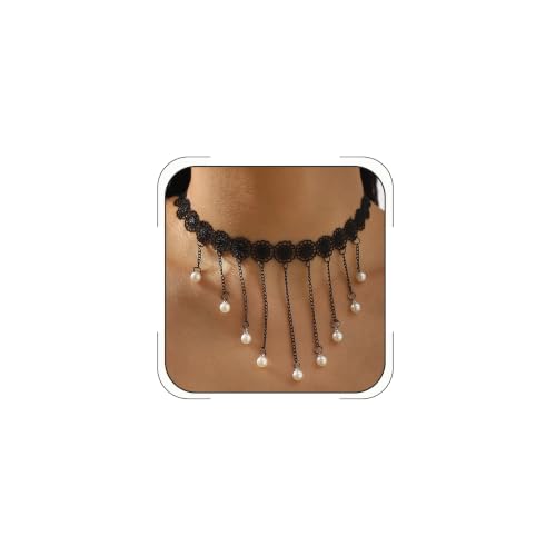 Lace Choker Necklace for Women Gothic Pearl Pendant Necklace Halloween Cosplay Jewelry - color: Black