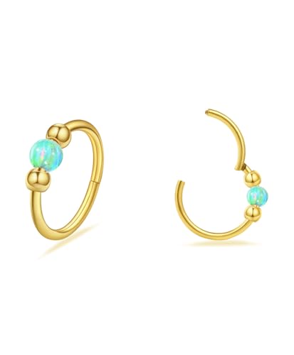 2 Pcs Small Cartilage Hoop Earrings for Women Men, 18G Opal Silver Earrings Hypoallergenic 316L Surgical Steel Hinge Huggie Hoop Earrings for Helix,Tragus,Conch,Rook,Earlobe Piercing Jewelry Nose Ring - style: 2Pcs 10mm Green Opal/Gold