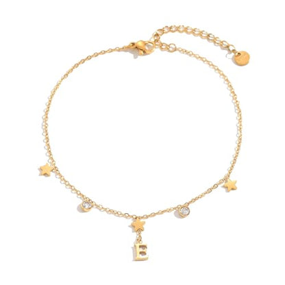 Initial Anklet for Women, 18K Gold Plated Waterproof Ankle Bracelet, Star CZ Letter A-Z Personalized Beach Foot Jewelry - color: E