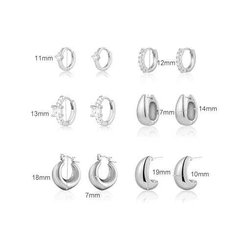 6 Pairs Gold Hoop Earrings for Women, 14K Gold Plated Huggie Hoop Earrings Set Hypoallergenic Lightweight Chunky Open Hoops Jewelry for Gift - color: Silver Earrings