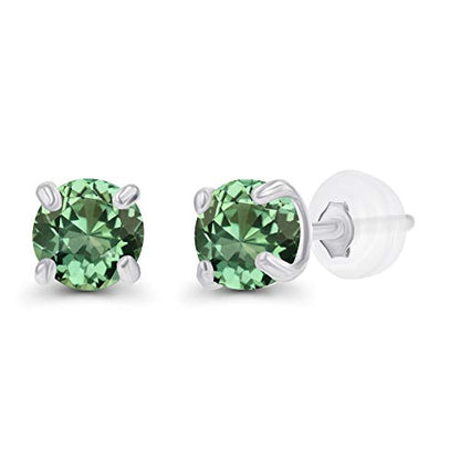 Solid 14K Gold 3mm Round Prong Set Hypoallergenic Genuine Petite Birthstone Stud Earrings - color: Created Green Sapphire