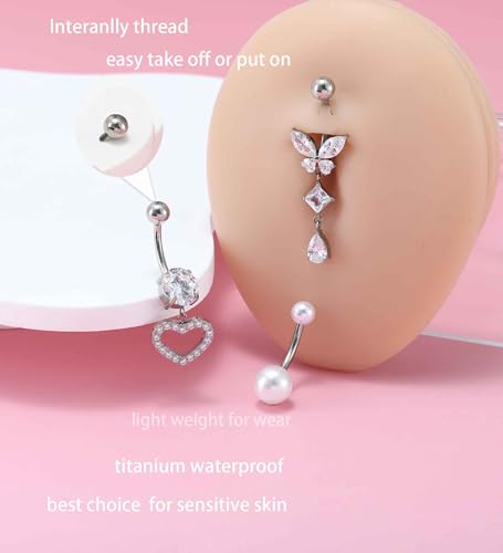 TIANCI FBYJS 3pcs G23 Titanium Pink Belly Button Rings Internally Threaded 10mm Clicker Reverse Curved Hoop Navel Barbell Piercing Jewelry CZ Belly Rings for Women Men - color: silver set 7