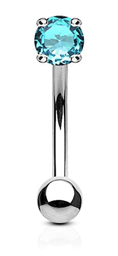 Forbidden Body Jewelry 16g 8mm Surgical Steel Curved Barbell w/Solitaire CZ for Daith, Eyebrow & Rook Piercings - color: Steel/Aqua