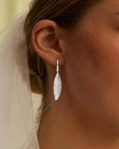 14K Gold Plated/Sterling Silver CZ Pearl Drop Dangle Earrings for Women - color: Silver-Leaf CZ