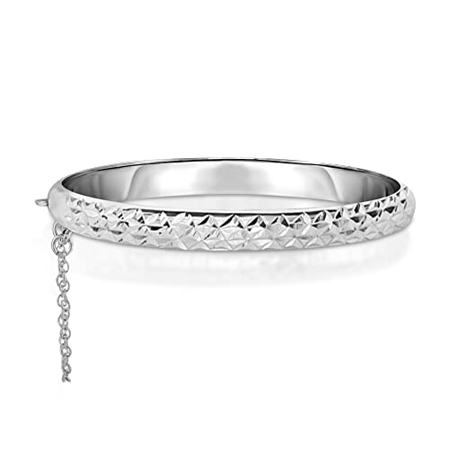 Savlano 14K Gold Plated Over 925 Sterling Silver Solid Diamond Cut Bangle Bracelet 7 inch with Safety Chain for Women Comes With Gift Box - Made in Italy - color: SILVER