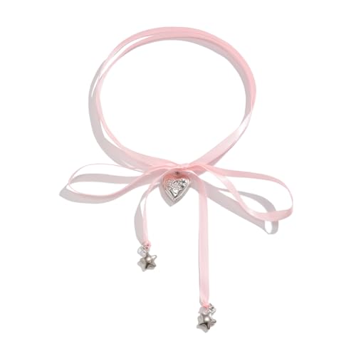 Pearl Ribbon Bow Choker Necklaces Y2k Coquette Necklace for Women - color: Pink