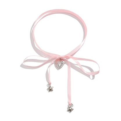 Pearl Ribbon Bow Choker Necklaces Y2k Coquette Necklace for Women - color: Pink