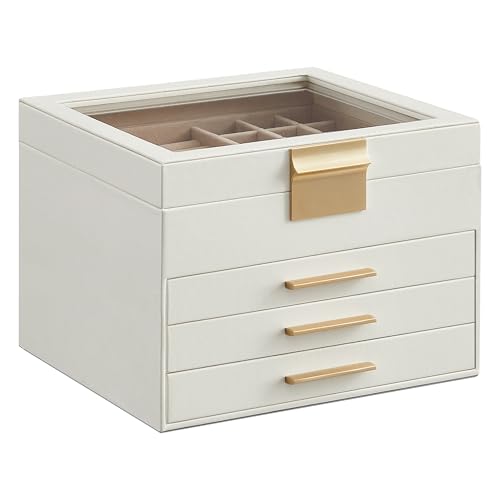 SONGMICS GISELLA Collection - Jewelry Box Organizer with Glass Lid, 4-Layer Jewelry Storage, with 3 Drawers, Modern Style, 8 x 9.1 x 6.5 Inches, Cloud White and Gold Color UJBC173W01 - color: Cloud White + Gold, size: 4 Layer (8"d X 9.1"w)