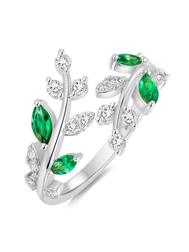 Silver Leaf Ring for Women 925 Sterling Silver Yellow Gold Plated CZ Inlaid Marquise Sapphire/Ruby/Emerald Cocktail Rings Size 6 to 10 - color: Emerald - Silver