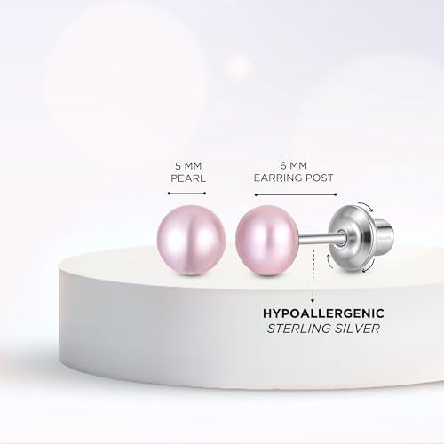 Pearl Screw Back Stud Earrings, 925 Sterling Silver Hypoallergenic - color: Pink, size: 5mm-Large