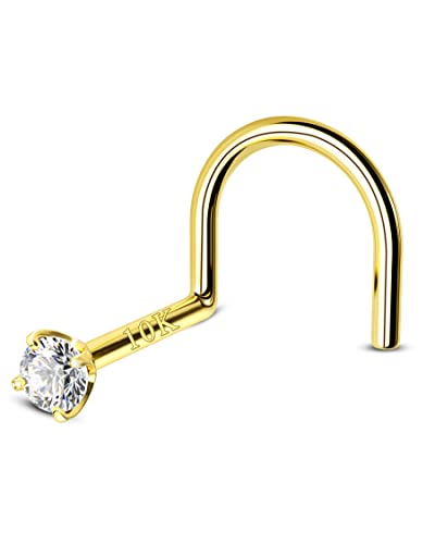 COCHARM 10k Solid Gold Clear CZ Nose Stud 20g 10K Yellow Gold Nose Screw Nose Rings Hypoallergenic S Shape Nose Piercing For Women Men - color: Clear