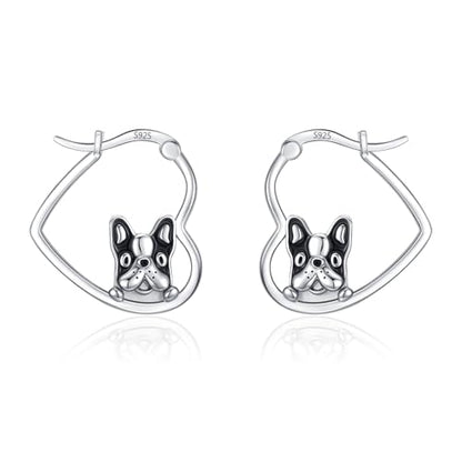 LES OSEWA Dog Animal Earrings Sterling Silver Animal Heart Hoop Dangle Earrings Cute Jewelry Gifts for Women - color: Boston Terrier