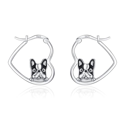 LES OSEWA Dog Animal Earrings Sterling Silver Animal Heart Hoop Dangle Earrings Cute Jewelry Gifts for Women - color: Boston Terrier