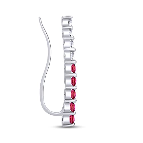 One Piece Right Ear Climber Earring for Women With Birthstone And White CZ | Floating Curved Bar Ear Crawler In 14K Gold Over Sterling Silver Jewelry for Her - color: Simulated Ruby