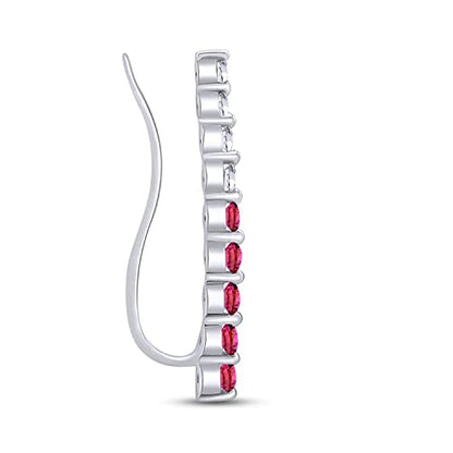 One Piece Right Ear Climber Earring for Women With Birthstone And White CZ | Floating Curved Bar Ear Crawler In 14K Gold Over Sterling Silver Jewelry for Her - color: Simulated Ruby