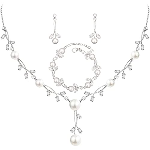 Luxury Cubic Zirconia Aurtrian Crystal Pearl Floral Necklace Dangle Earrings Wedding Bridal Jewelry Set Birthday Gifts for Her - color: Style2-Clear-Silver Plated