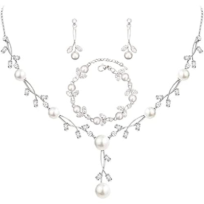 Luxury Cubic Zirconia Aurtrian Crystal Pearl Floral Necklace Dangle Earrings Wedding Bridal Jewelry Set Birthday Gifts for Her - color: Style2-Clear-Silver Plated