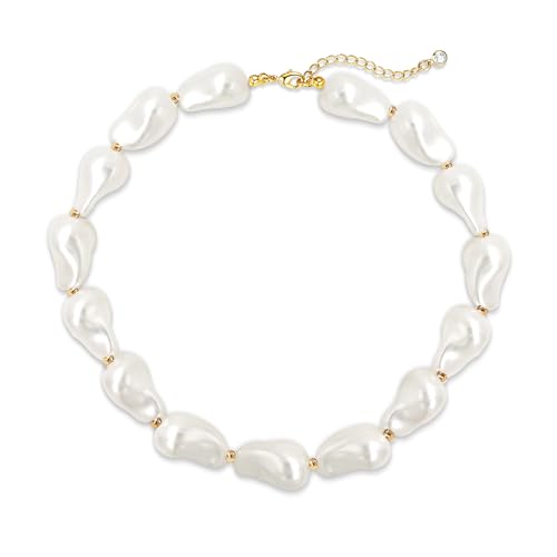Zeffy 14K Gold/Silver Plated Chunky Thick Chain Toggle Clasp Necklace Dainty Baroque Pearl/Heart/Cross/Turquoise Pendant Necklace - color: Gold Baroque Pearl Choker