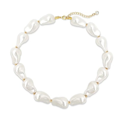 Zeffy 14K Gold/Silver Plated Chunky Thick Chain Toggle Clasp Necklace Dainty Baroque Pearl/Heart/Cross/Turquoise Pendant Necklace - color: Gold Baroque Pearl Choker