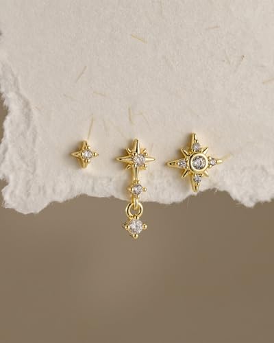 3 Pairs Earring Stacks, Gold Earring Set Jewelry Gift for Women | Small, 14K Gold/White Gold/Black/Rose Gold Plated, Hypoallergenic, Her, Everday, Stackable, Simple, 3 Holes - color: Gold-North Star