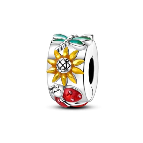Hapour Clip Spacer Charm for Bracelet 925 Sterling Silver Stopper Beads | Heart Stopper Charm, Butterfly Lucky Clover Sunflower Openable Clip Lock Jewelry Beads for Women Mom - color: Dragonfly Sunflower Ladybug