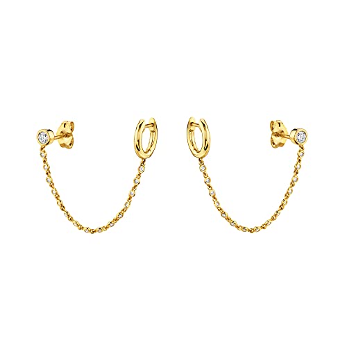Personalized Double Piercing Round CZ Stud Small Hoop Cuff Cartilage Earrings for Women Teen Girls 925 Sterling Silver Post Cubic Zirconia Threader Chain Tassel Drop Dangle Delicate Two Holes Crystal Huggie Hoops Crawler Climbers Hypoallergenic Studs Fash