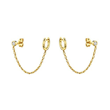 Personalized Double Piercing Round CZ Stud Small Hoop Cuff Cartilage Earrings for Women Teen Girls 925 Sterling Silver Post Cubic Zirconia Threader Chain Tassel Drop Dangle Delicate Two Holes Crystal Huggie Hoops Crawler Climbers Hypoallergenic Studs Fash