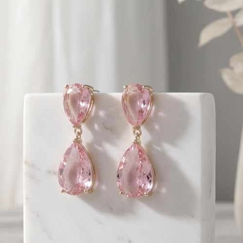 Teardrop Crystal Drop Earrings for Women, 14K Gold Plated Large Double Teardrop Dangle Earrings,Rhinestone Earrings for Wedding Prom Bridesmaid Party,Emerald/Red/Blue/Black/Pink/White Statement Earrings - color: pink