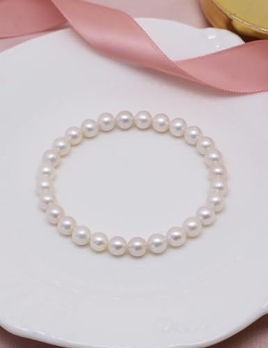 Freshwater Pearl Stretch Bracelets For Women With 6mm White Cultured Pearls Classic Bracelet - size: 7 inches
