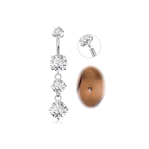 G23 Titanium Dangle Belly Button Rings for Women Dangling Navel Rings CZ Belly Rings Curved Barbell Internally Threaded Belly Piercing Jewelry - color: White