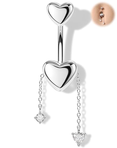 Melighting 14G Gold Belly Button Ring Dangle Chain, 10 mm Stainless Steel Belly Piercing Jewelry with CZ Heart Star Design, Cute Silver Navel Ring for Beach Daily Wear Women - color: Steel Heart