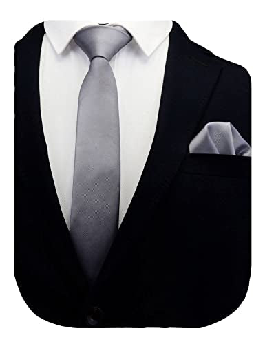 GUSLESON 2.4" Slim Necktie and Handkerchief Set For Men Solid Skinny Tie Set - color: Gray