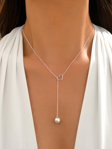 Heart Pearl Y Drop Lariat Long Necklace for Women | 925 Sterling Silver 14K Gold Plated Prom Wedding Bridal Necklace Cute Dainty Layered Dangle Necklace Summer Jewelry - color: Silver
