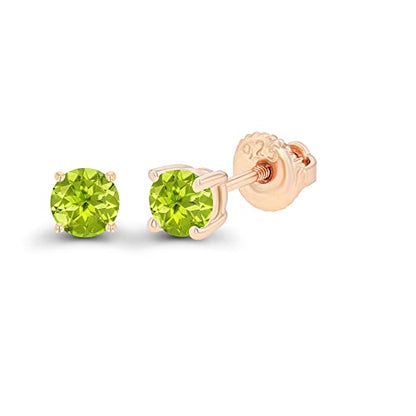 14K Gold Plated 925 Sterling Silver Hypoallergenic 4mm Round Genuine Birthstone Solitaire Screwback Stud Earrings - color: Peridot
