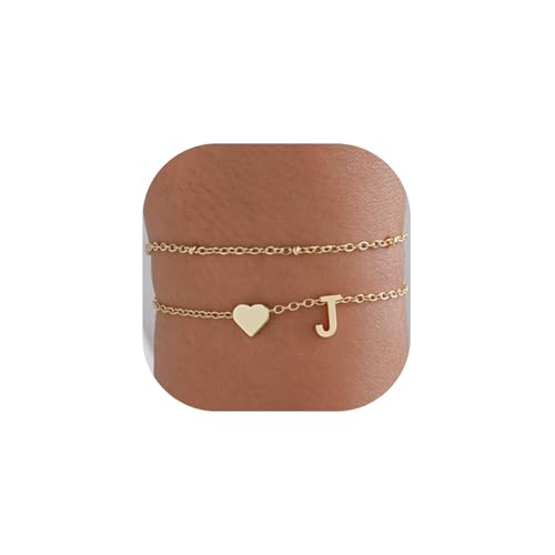 Gold Initial Bracelets for Women Trendy, Dainty Layered 14K Gold Plated Heart Letter Charm Bracelets, letter beads for name bracelets Jewelry Gifts - color: Gold-J