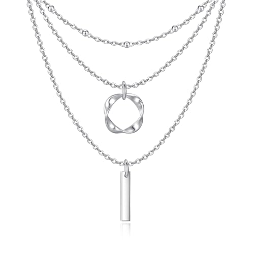 Layered Choker Necklaces 925 Sterling Silver Dainty Chain with Rectangle Circle Bar Pendant Fashion Jewelry for Women