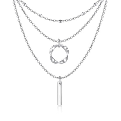 Layered Choker Necklaces 925 Sterling Silver Dainty Chain with Rectangle Circle Bar Pendant Fashion Jewelry for Women