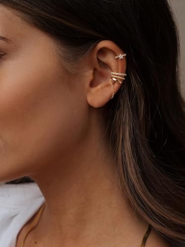 14K Gold Plated Ear Cuff Earrings for Women, Dainty Ear Cuffs Non Piercing Clip on Earrings Trendy Non pierced Cubic Zirconia Fake Hoop Earring Jewelry Sets for Women - color: Gold-4