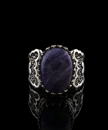 Filigranist 925 Sterling Silver Handcrafted Filigre Art Double Heart Detailed Women Cocktail Ring with Gemstones - color: Charoite