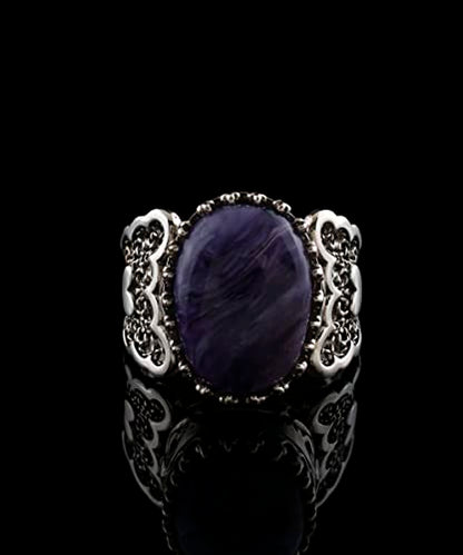 Filigranist 925 Sterling Silver Handcrafted Filigre Art Double Heart Detailed Women Cocktail Ring with Gemstones - color: Charoite